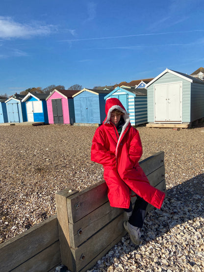 Toasty Red weatherproof, cosy and multifunctional jacket for all outdoor activities. Fully lined with thick, soft, moisture wicking fleece that acts as a blanket to keep your core warm and dry even during the coldest winter months