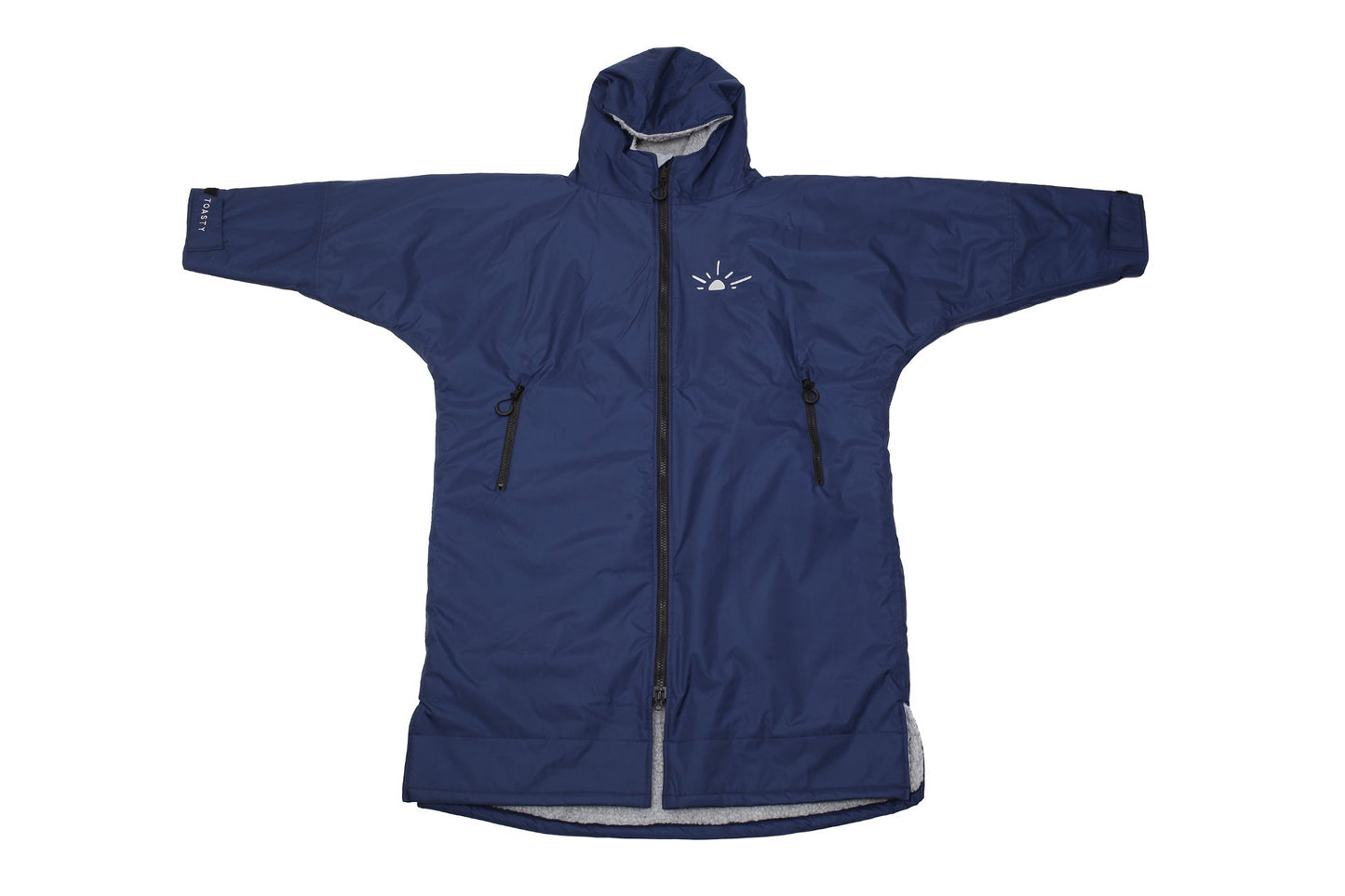 Navy full length Toasty ultimate changing jacket / robe  zipped up