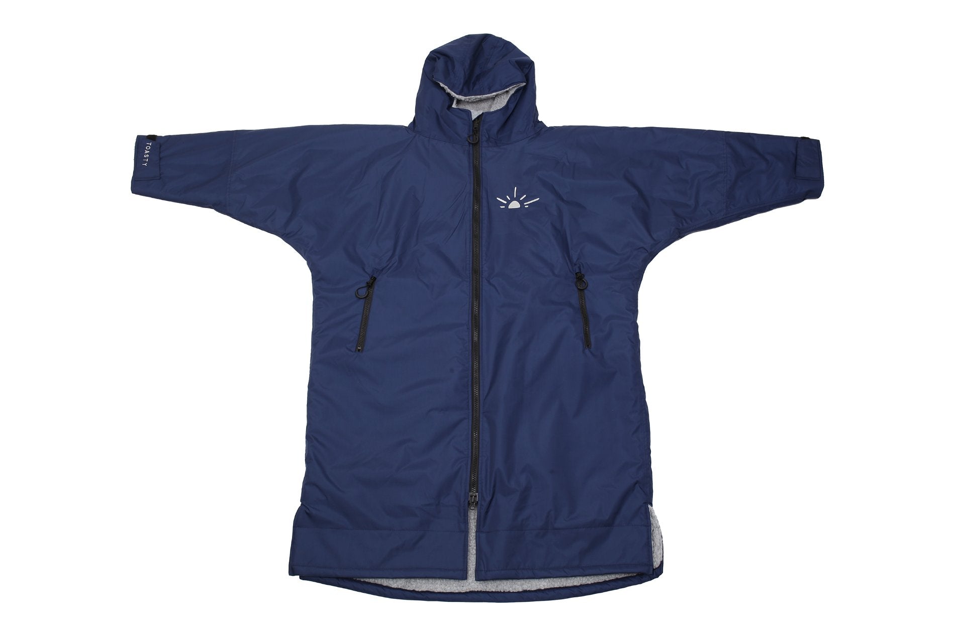 Navy full length Toasty ultimate changing jacket / robe  zipped up