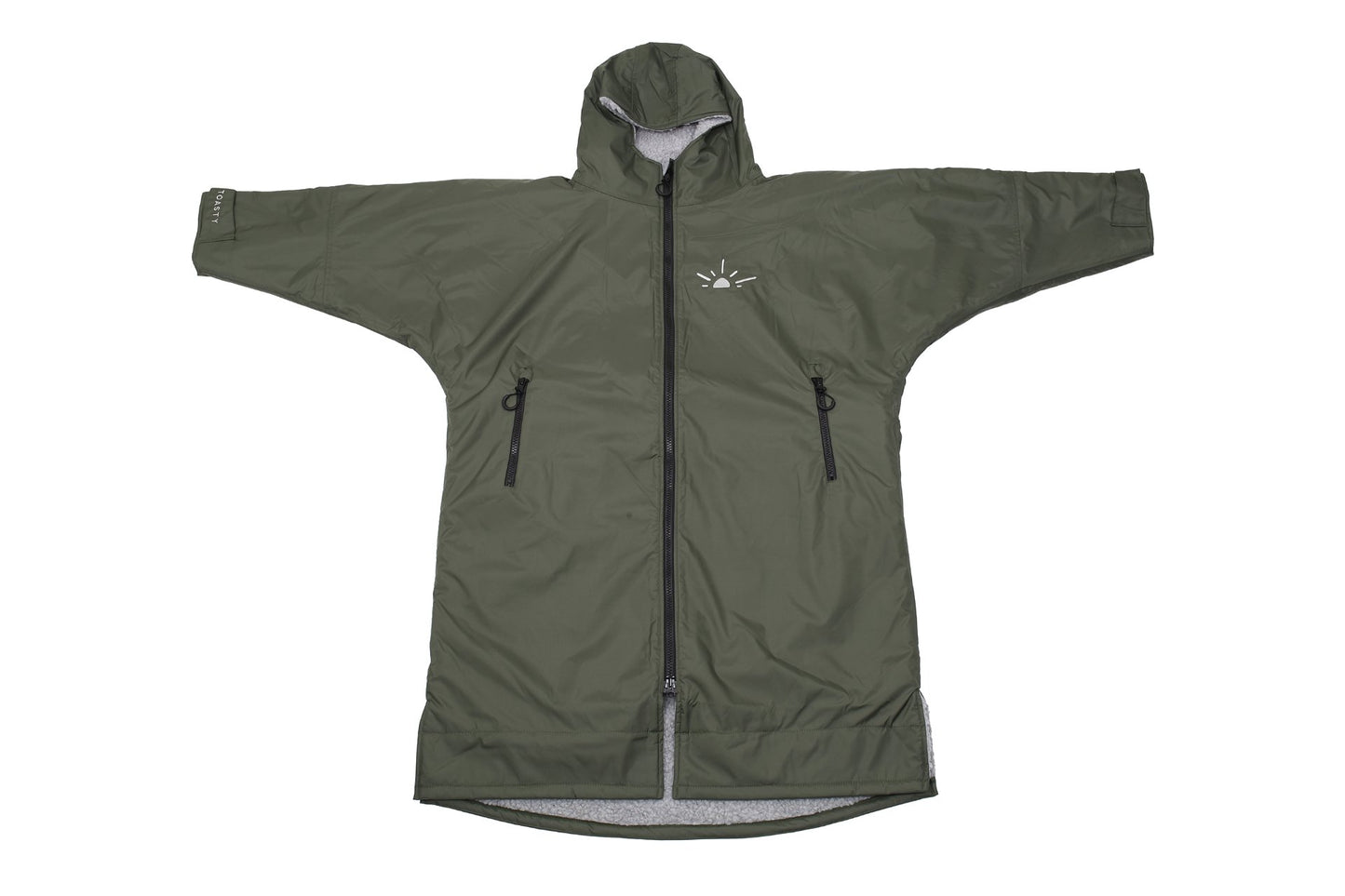 Khaki full length Toasty ultimate changing jacket / robe zipped up