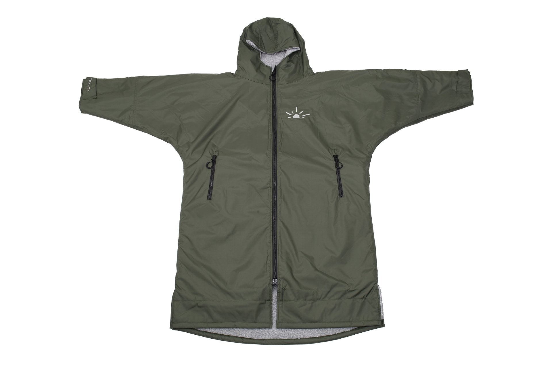 Khaki full length Toasty ultimate changing jacket / robe zipped up